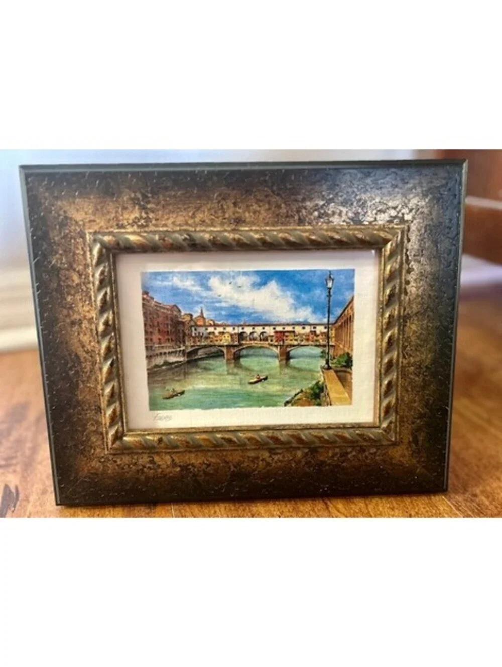 Vintage Gold-Toned Picture Frame with Ponte Vecchio Bridge Print Florence, Italy